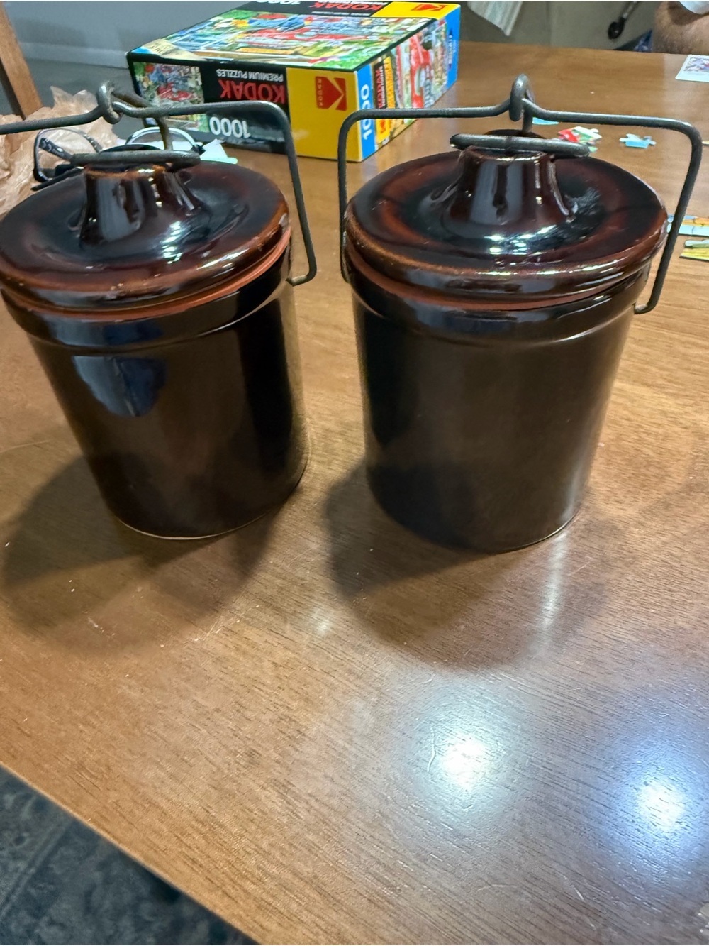 2 small Vintage Brown Stoneware Butter Crock w/Bail Closure Primitive Farmhouse